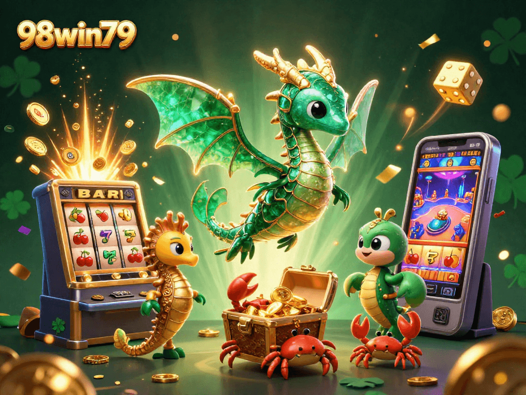 Experience the captivating world of 98win79 with an emerald sea dragon and casino thrills.