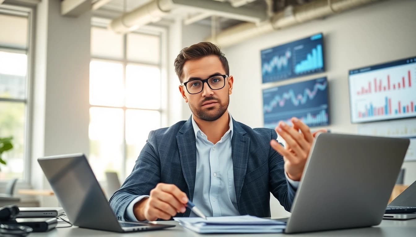 Analyse der Internet Trends durch einen digitalen Marketingstratege in modernem Büro.
