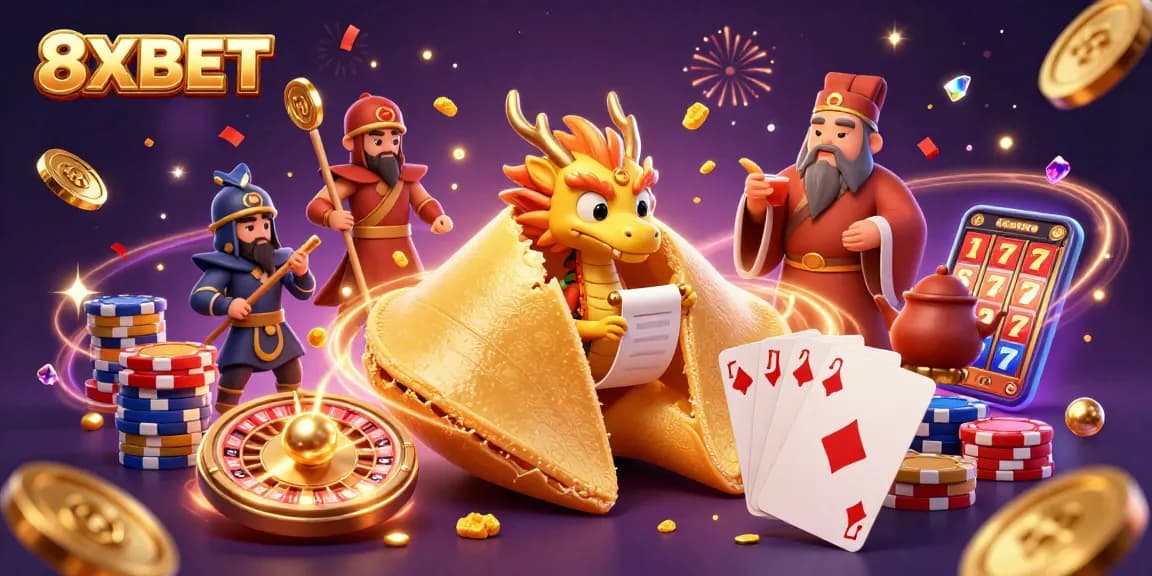 Experience the excitement of 8XBET with a vibrant scene of a golden fortune cookie and a wise dragon amidst golden coins and casino elements.