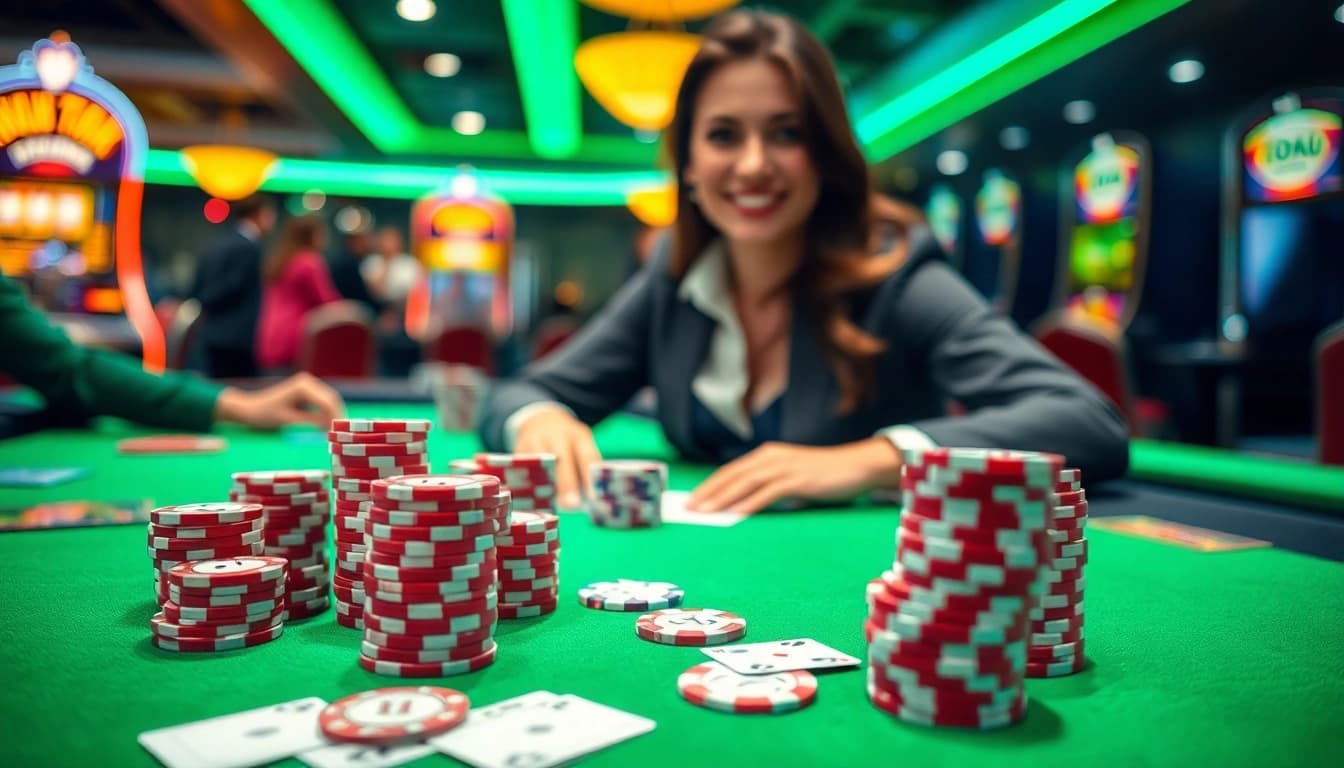 Erleben Sie pflegedienst griesheim mit einem lebhaften Glücksspiel-Tisch voller Pokerchips und Karten.
