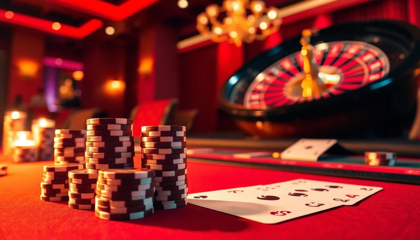 Experience thrilling gambling excitement at https://gk88.city/ with poker chips and cards on a luxurious casino table.