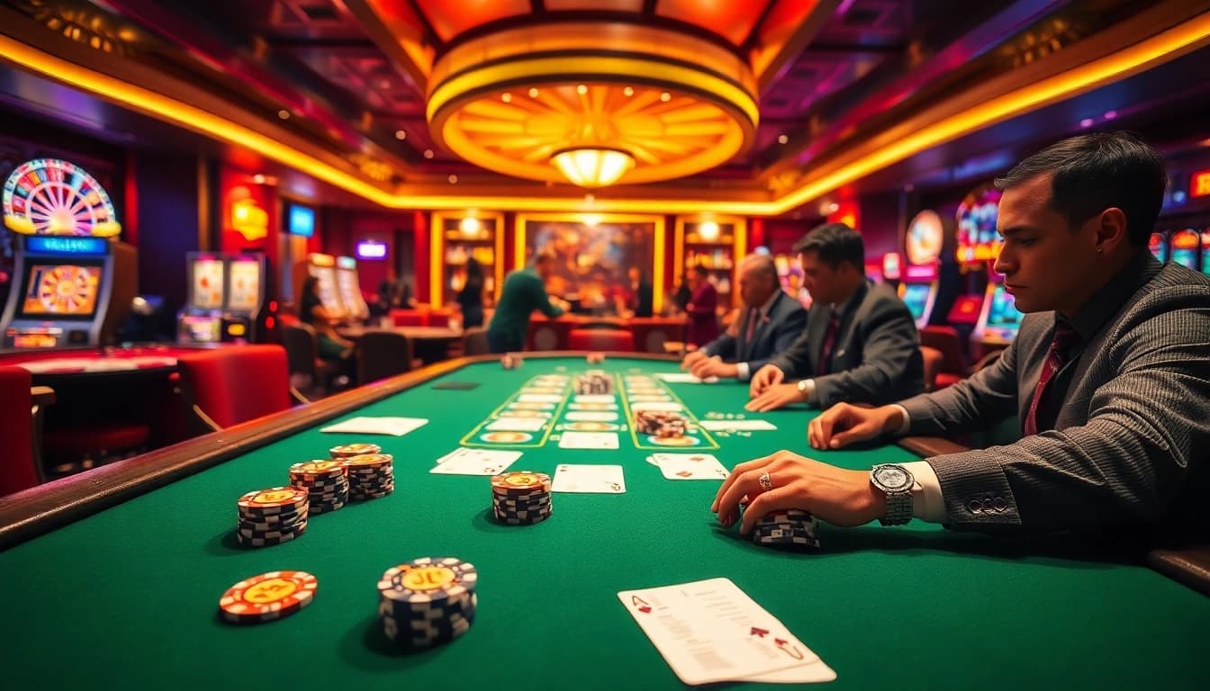 Experience the thrill of winning at bancadoithuong.futbol with a vibrant casino scene showcasing high-stakes poker.