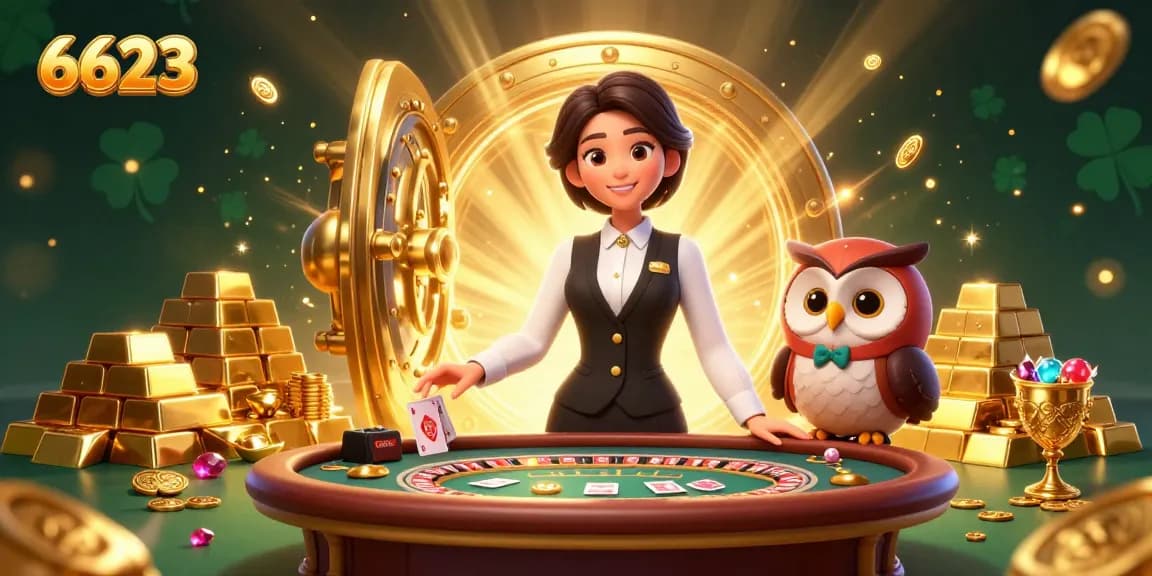 Experience the 6623 excitement with a dynamic casino scene featuring a dealer and vibrant game elements.