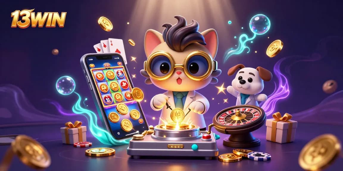 Experience the thrilling world of 13WIN with vibrant slot games and captivating casino scenes.