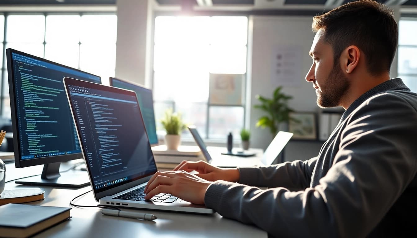 Shopware Entwickler arbeitet produktiv an einem Laptop in einem modernen Büro.