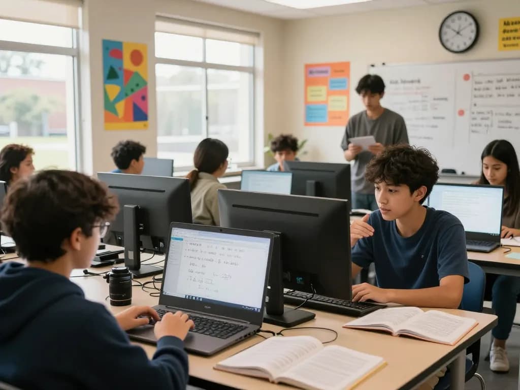 Studierende nutzen Hausaufgaben KI kostenlos-Tools in einer ansprechenden Online-Lernumgebung.