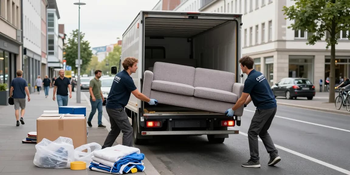Umzugsunternehmen Darmstadt, professionelle Umzugshelfer heben ein großes Sofa in einen Umzugswagen, effiziente und zuverlässige Umzugsdienstleistungen