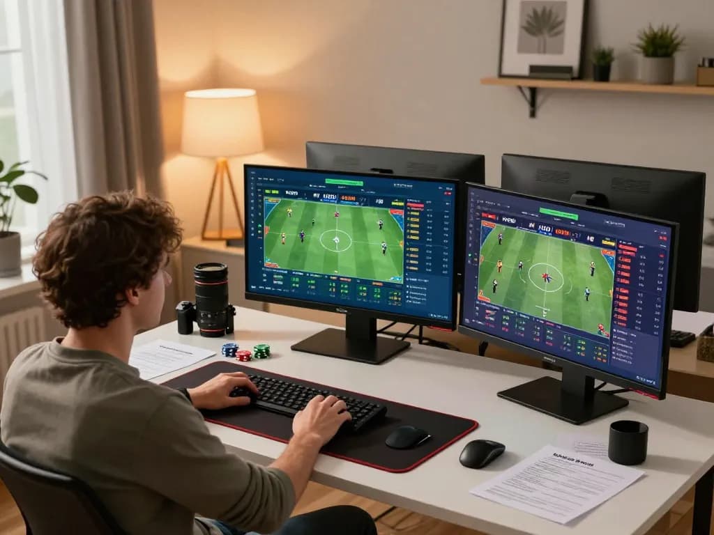KQBD online betting setup with screens showing live sports results and odds.
