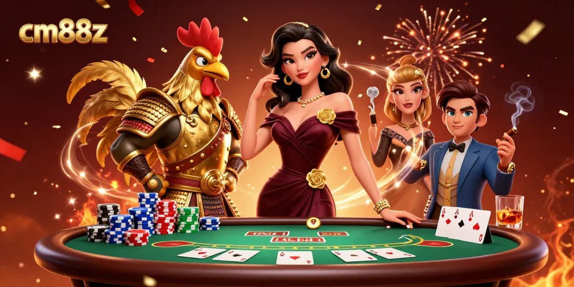 Engage with cm88z at a vibrant poker scene featuring glamorous characters and dynamic gaming elements.