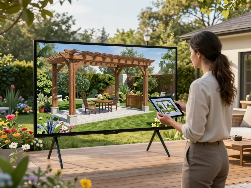 Visualisierung eines Pergola 3D Modells in einer einladenden Gartenszene mit einem Designer, der ein Tablet verwendet.