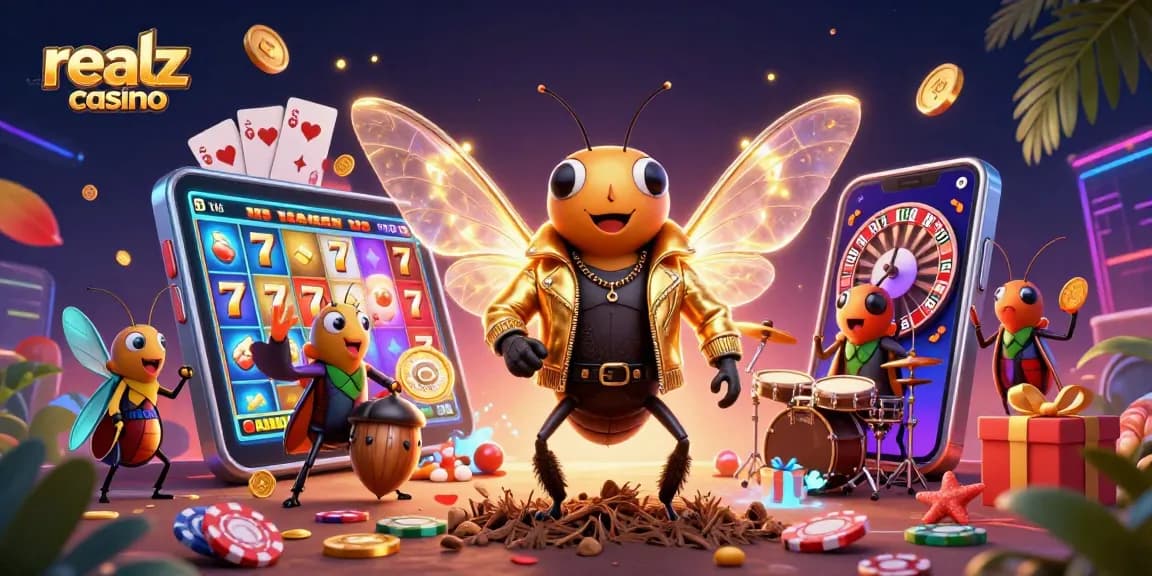 Engage with realz casino's vibrant atmosphere featuring a cartoon cicada rock star amidst slot games.