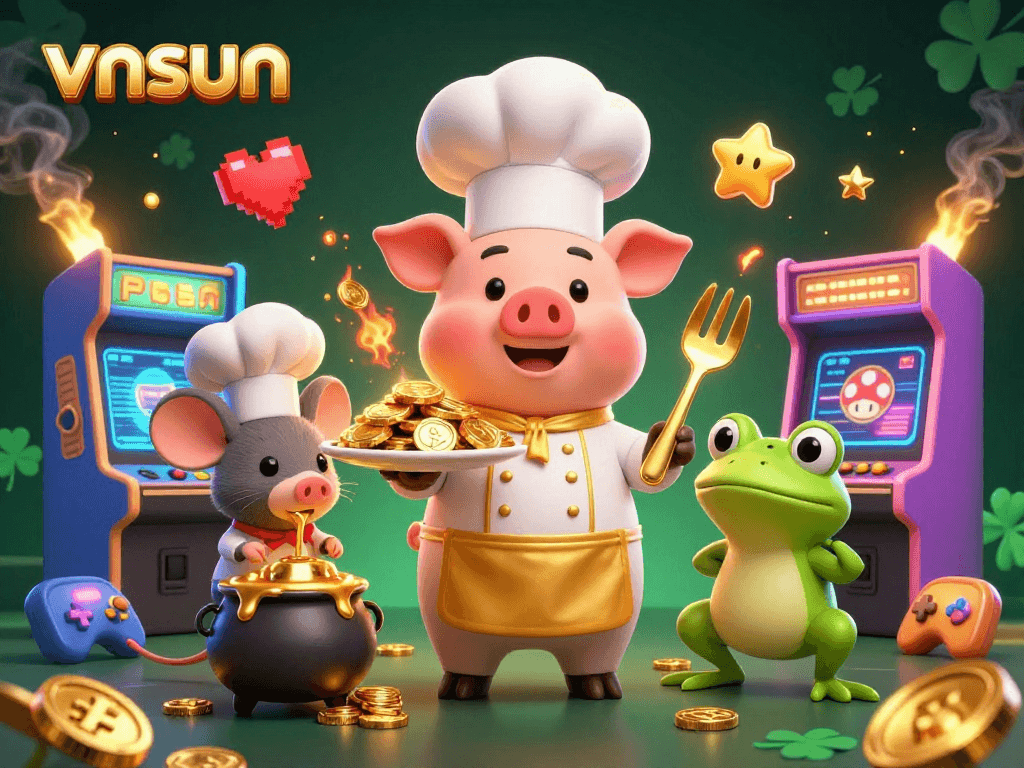 Engage in the vibrant gaming scene at vnsun with a 3D illustration featuring a gourmet chef pig serving gold coins.