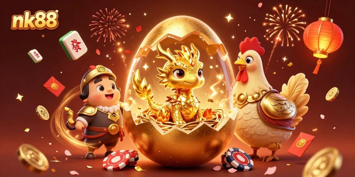 Experience the thrill of nk88 with a dazzling scene of a golden dragon and poker chips.