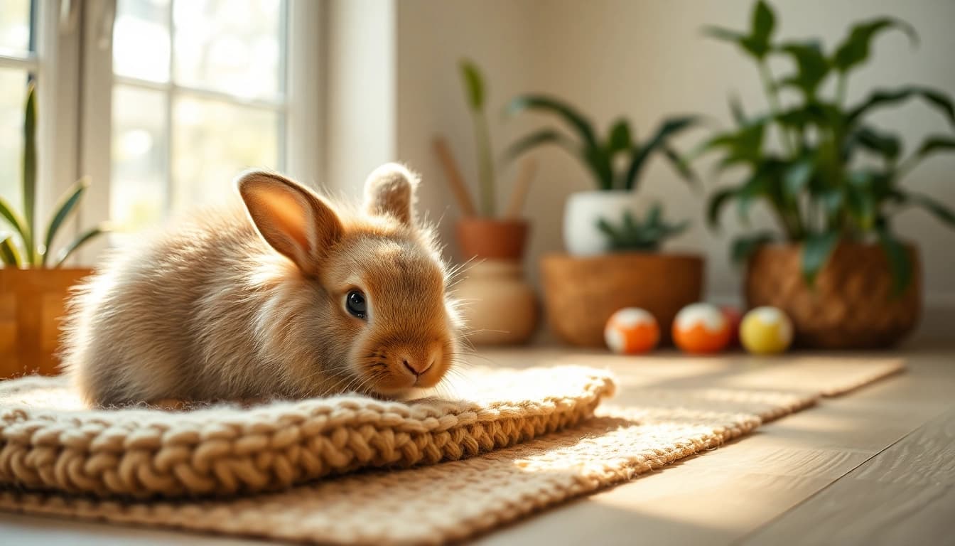 Hanfmatte für Nager in einer gemütlichen Umgebung mit einem ruhenden Kaninchen.