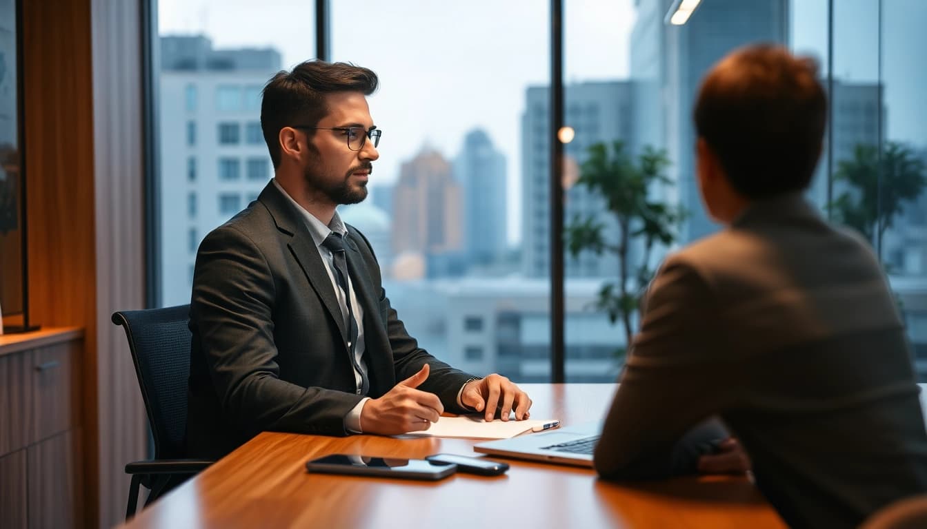 Professioneller Vertriebs-Headhunter berät Klienten in einem modernen Büro und vermittelt Expertise im Recruiting.