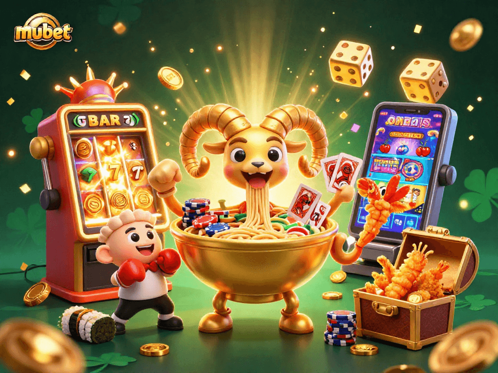 Mubet battles in vibrant 3D casino scene with a giant ramen bowl character and jackpot elements.