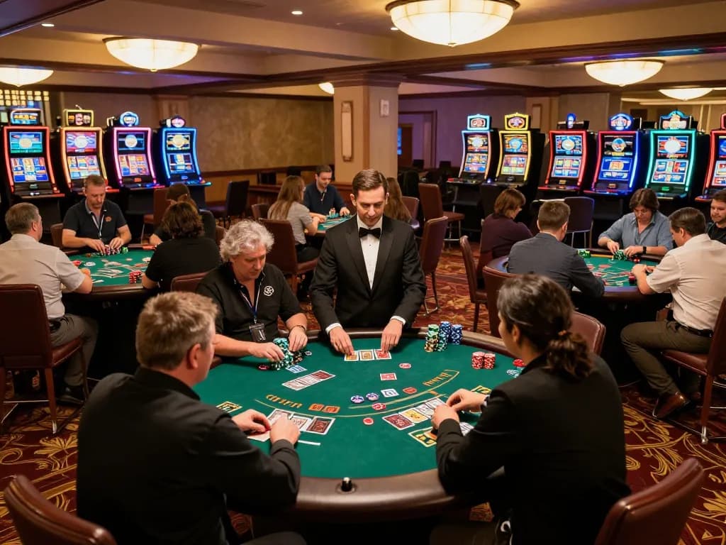 Players enjoying intense blackjack games on Go8 casino floor, excitement and strategy in the air.
