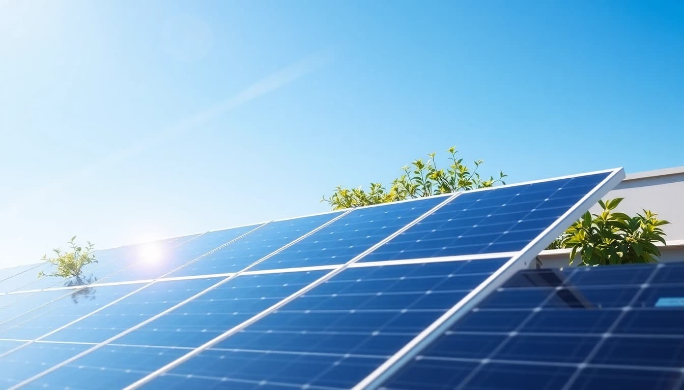 Solar Wien zeigt moderne Solarpanels auf einem urbanen Dach in einem sonnigen, nachhaltigen Umfeld.