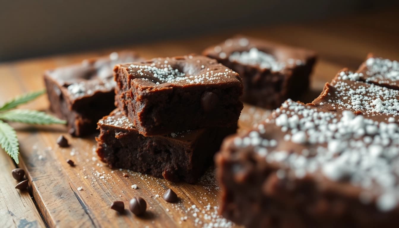 Delicious cannabis brownies topped with powdered sugar, showcasing their rich chocolate texture.