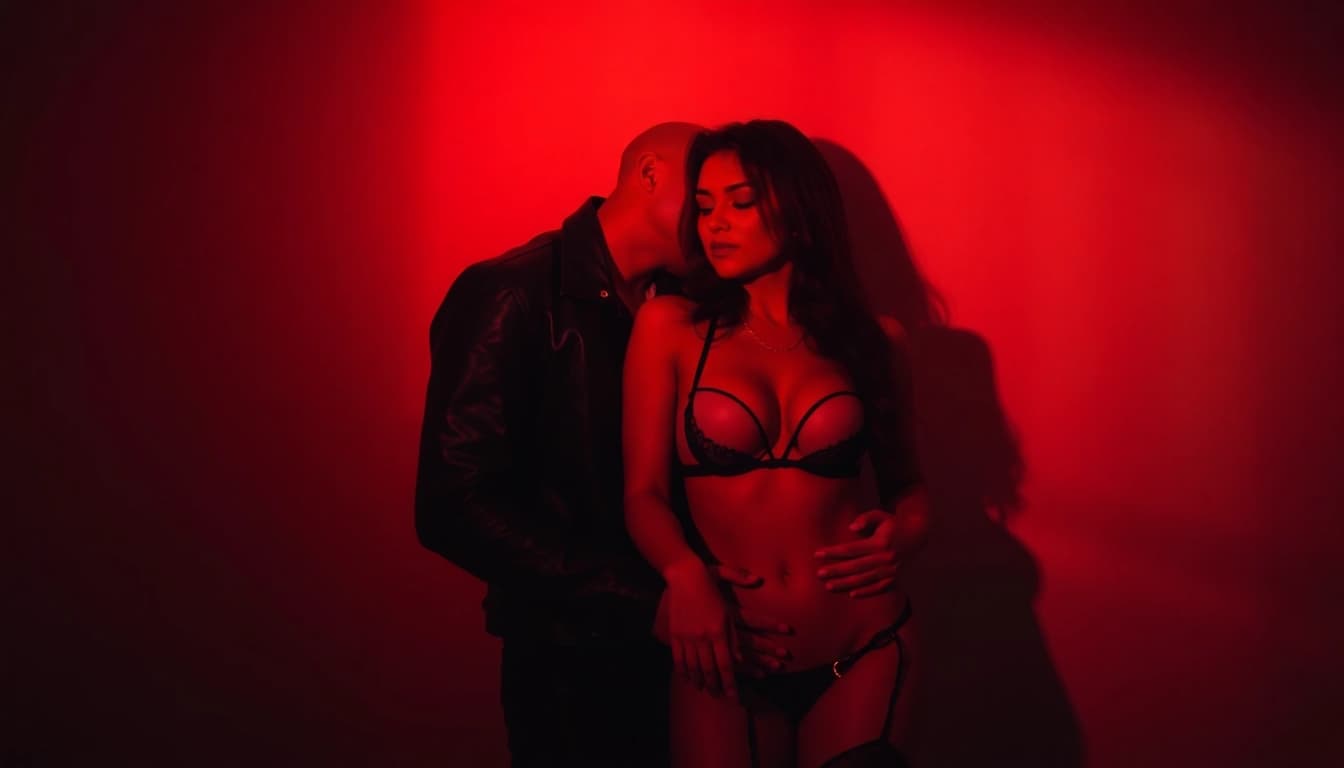 Engaging sub dom dynamics in a sensual BDSM scene with contrasting attire.
