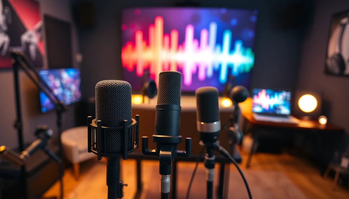 Ein Gaming Podcast Studio, ausgestattet mit Mikrofonen und lebhaften Farben, fördert kreative Gespräche.