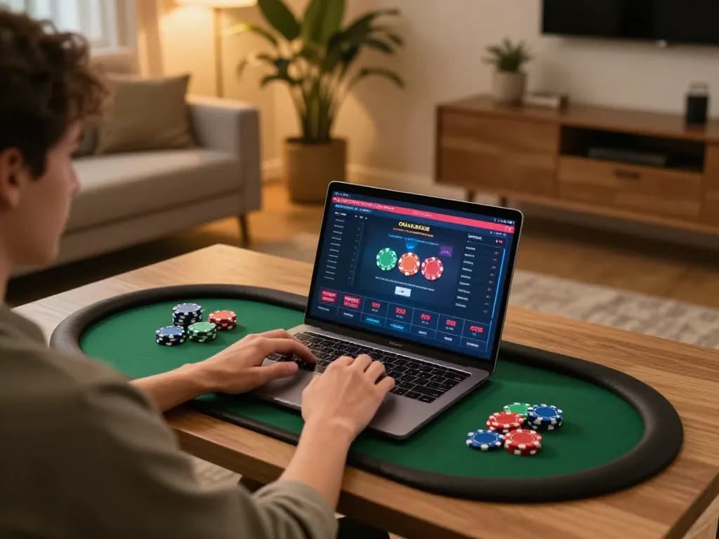 Engaged player on 789 club using laptop for online poker, colorful chips visible