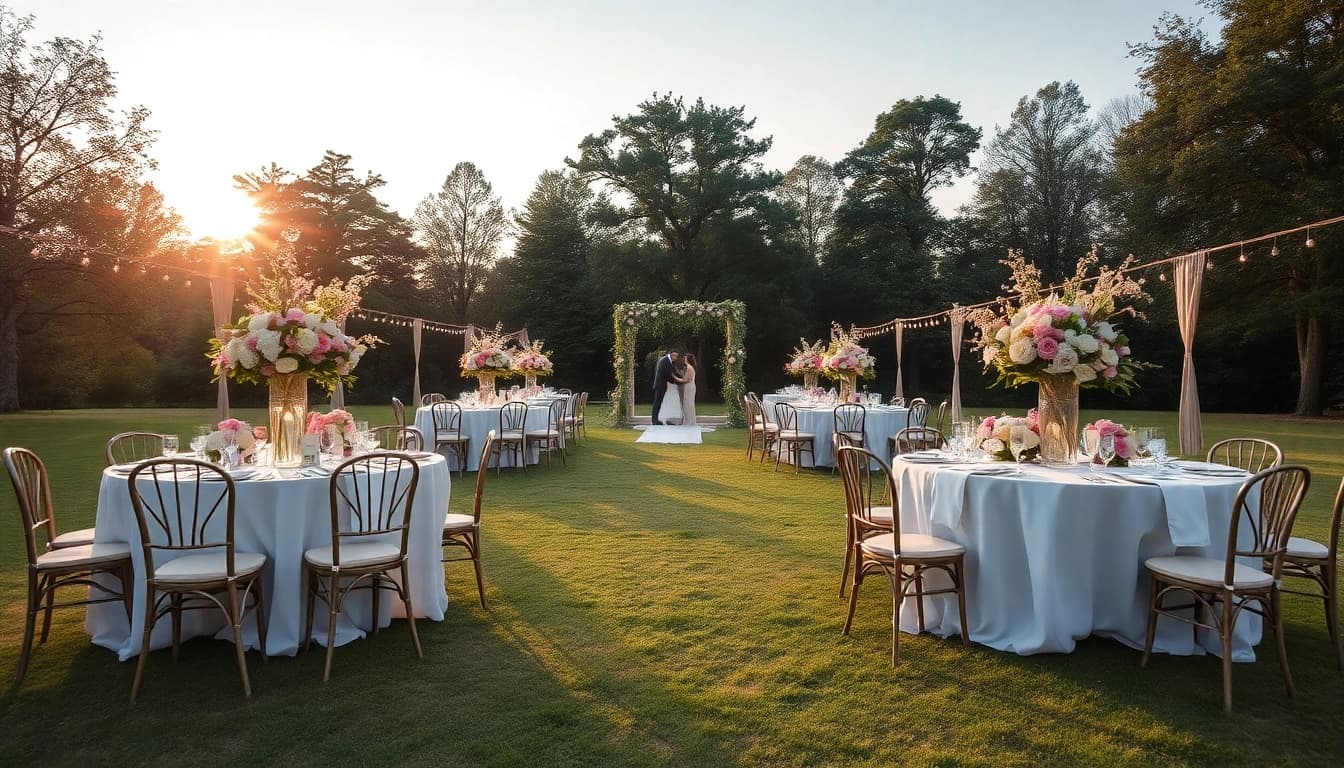 Einladende Hochzeitslocation im Freien mit floralen Arrangements und romantischer Stimmung für unvergessliche Feiern.