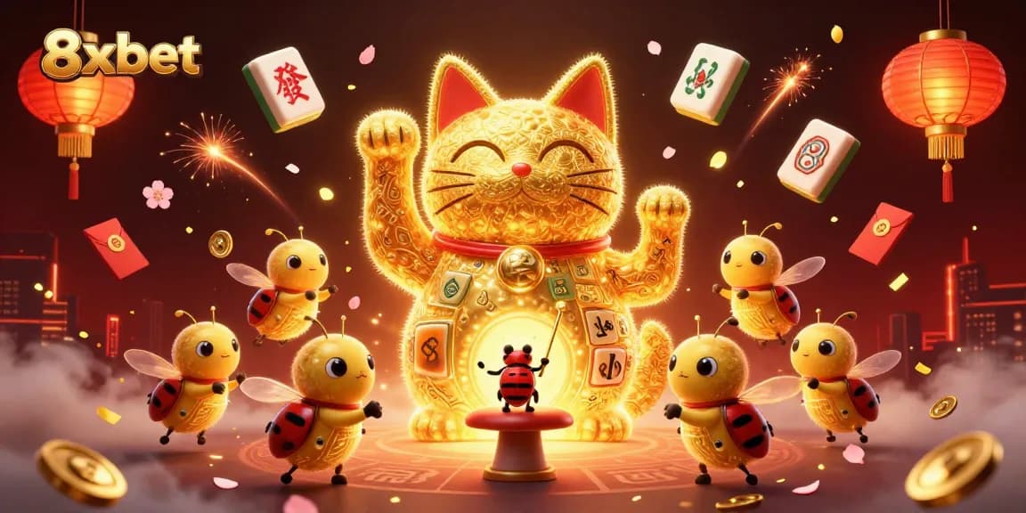 Engage with 8xbet's vibrant casino scene featuring a lucky cat and fun gaming symbols.