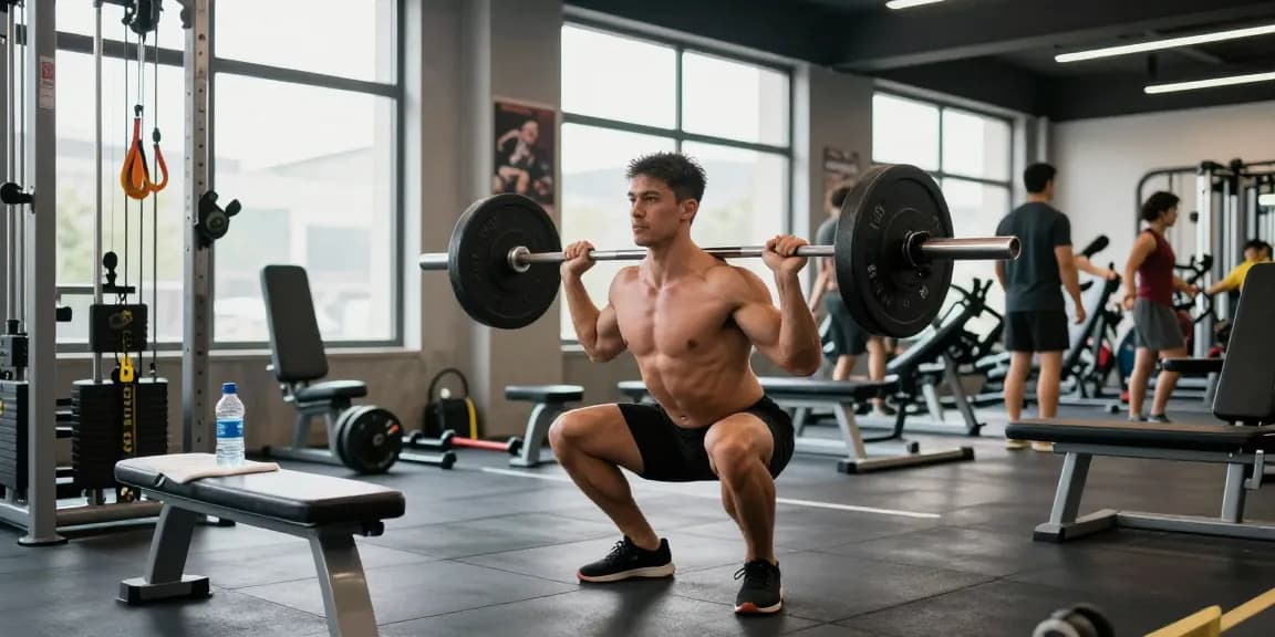 Dynamische Fitnessstudio-Szene mit Bodybuilder im Anabolika Shop Deutschland, der Übungen zum Muskelaufbau demonstriert.