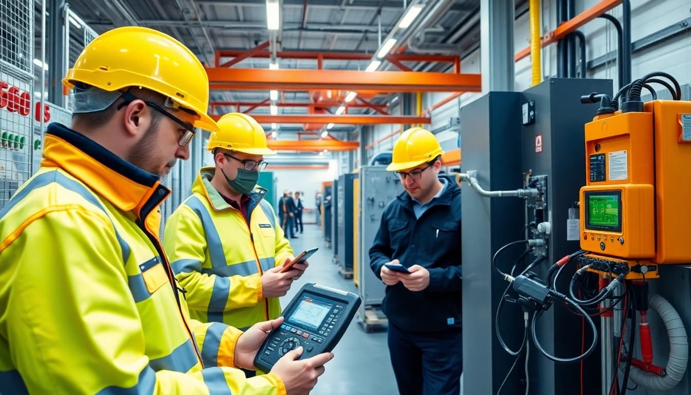 Professionals conducting a DGUV V3 Prüfung with electrical devices, ensuring workplace safety and compliance.