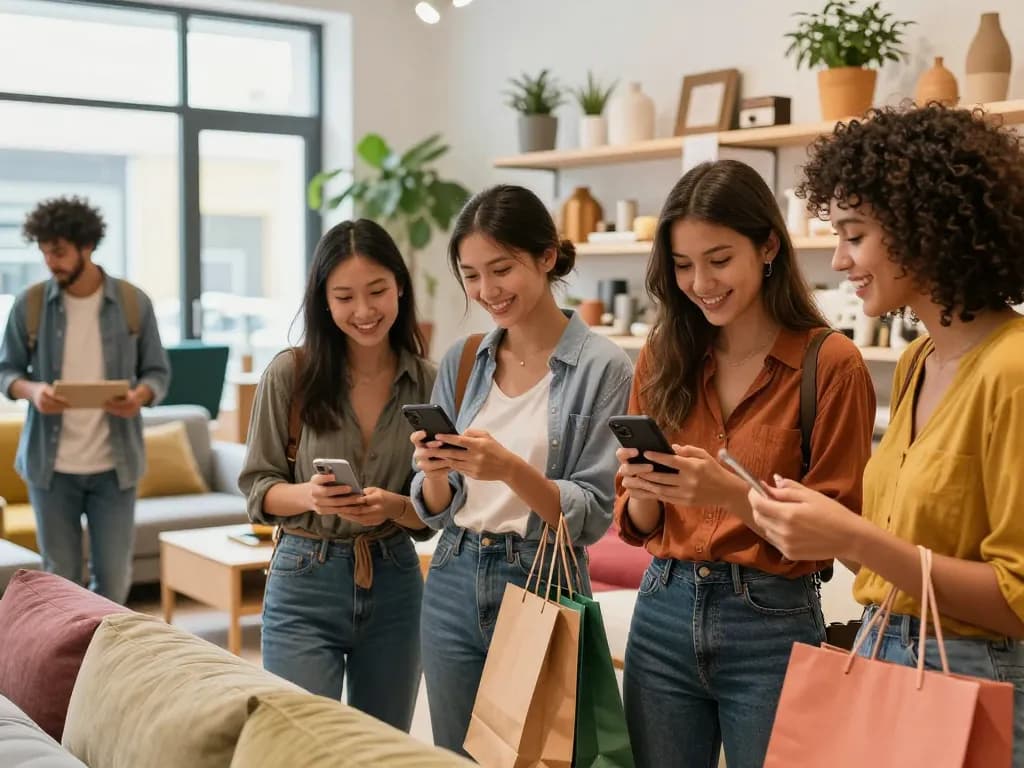 Gruppe von Freunden, die das Einkaufserlebnis für sofort lieferbare Home Decor Artikel in einem lebhaften Geschäft genießen.