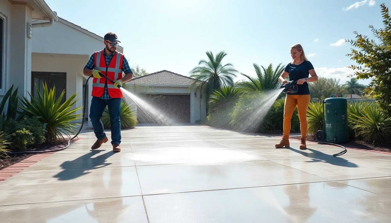 Concrete cleaning in action with professionals using pressure washers on a driveway
