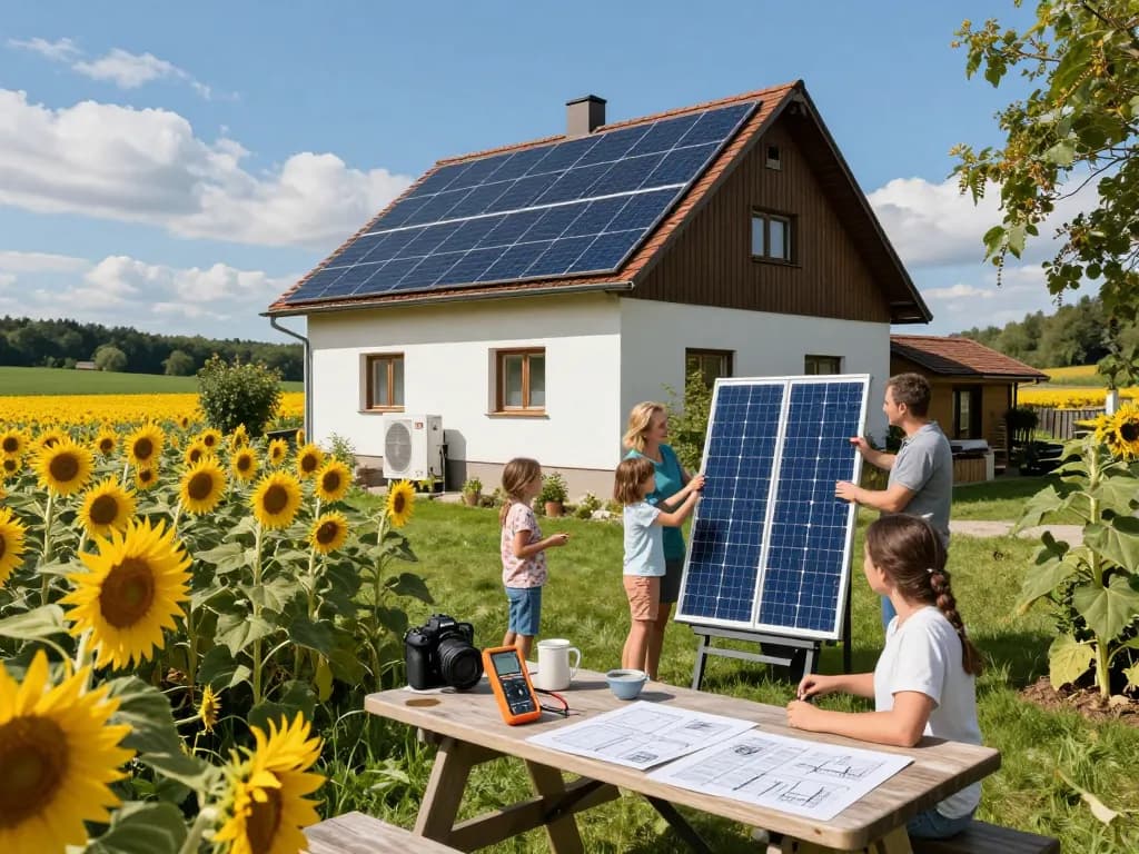 Photovoltaik Bayern Familie im Garten mit Solarpanelen, die die Vorteile erneuerbarer Energien hervorheben.