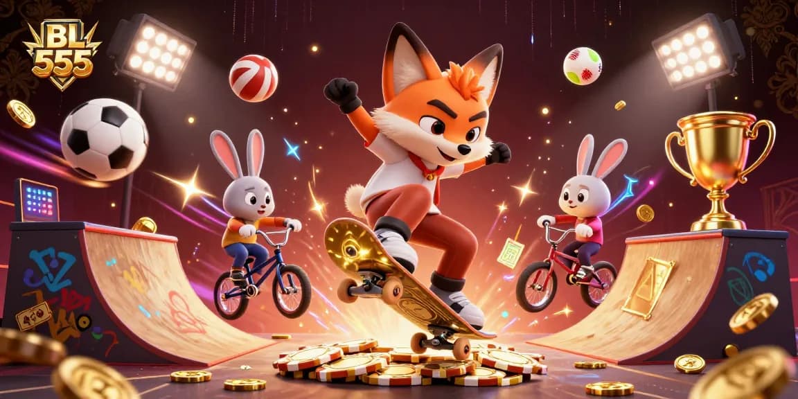 Experience the thrill of gambling with BL 555 as a fox performs tricks on poker chips in a vibrant casino scene.