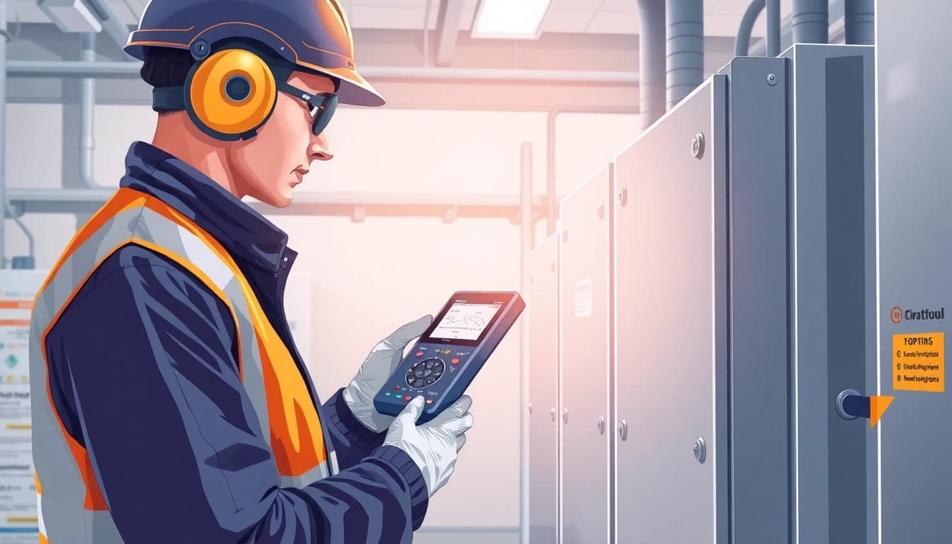 Technician conducting the DGUV V3 Prüfung on electrical equipment, ensuring workplace safety and compliance.
