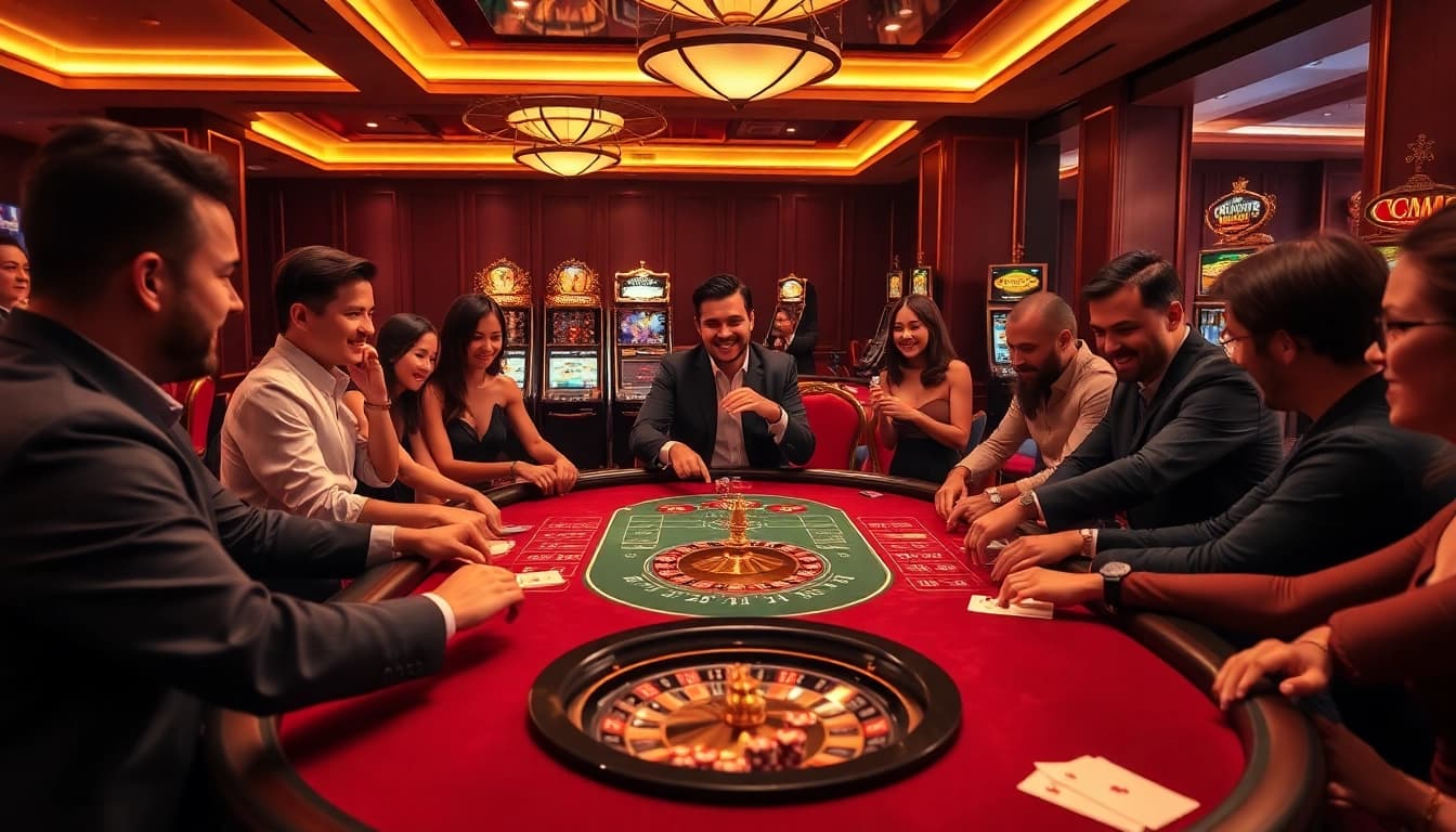 Players enjoying their excitement at CM88 casino games with vibrant poker chips and cards.