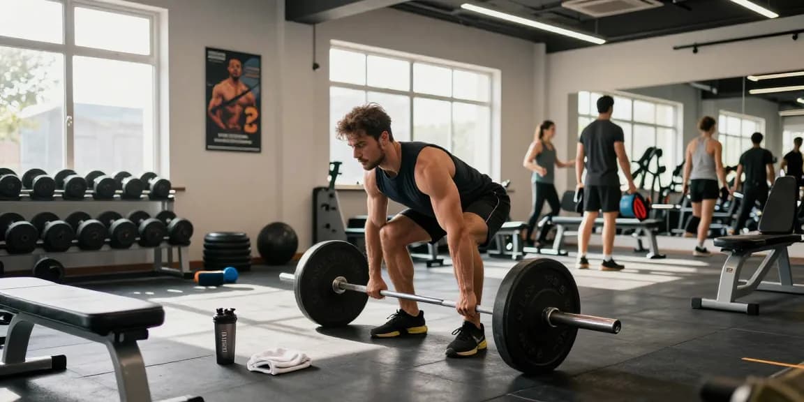 Anabolika Shop: Bodybuilder lifting weights in a vibrant gym, showcasing fitness dedication and muscle-building potential.