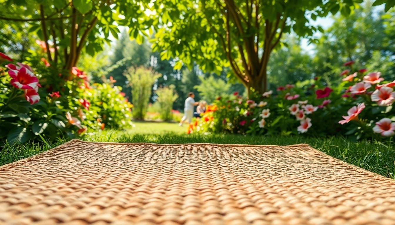 Hanfmatte präsentiert in einem ruhigen Garten, umgeben von üppigem Grün und bunten Blumen.