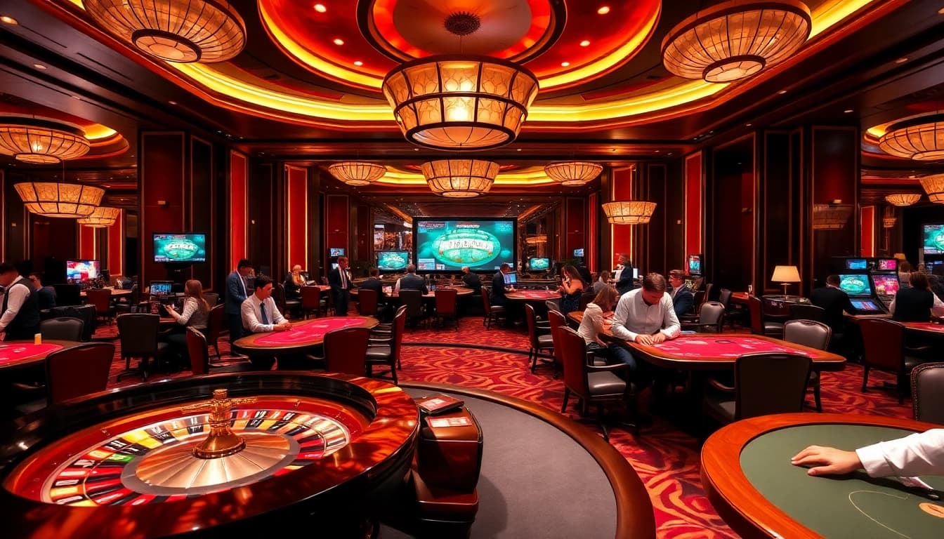 Engaging with tỷ lệ nhà cái at a vibrant casino environment, where players analyze odds at poker and roulette tables.