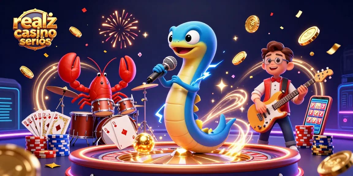 Gioca nel realz casino seriös con un'illustrazione vibrante di un'anguilla elettrica DJ e una band sottomarina.