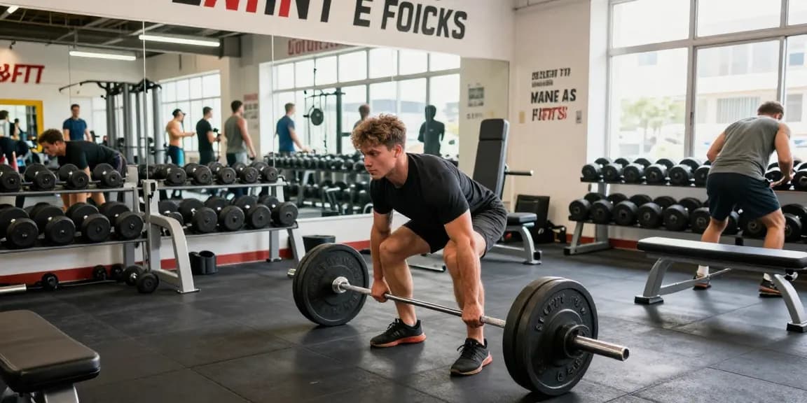 Anabolika Shop - Bodybuilder beim Krafttraining in einem modernen Fitnessstudio, umgeben von Gewichten und Fitnessgeräten.