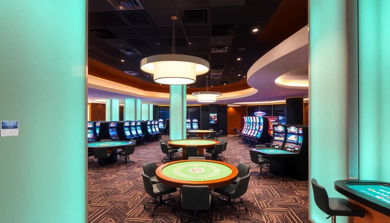 Spieltische in einem Casino ohne Anmeldung, die eine einladende Atmosphäre bieten und die Gäste anziehen.