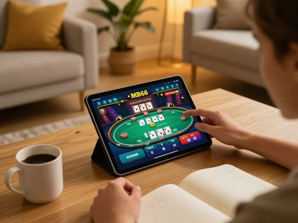 Player engaging with the MB66 app on tablet in a cozy home setting for online gambling