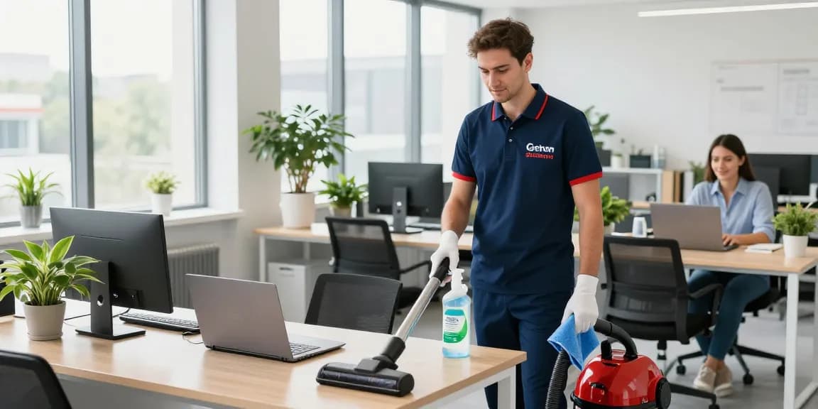 Professional cleaner demonstrating gebaeudereinigung solothurn in a clean office environment.