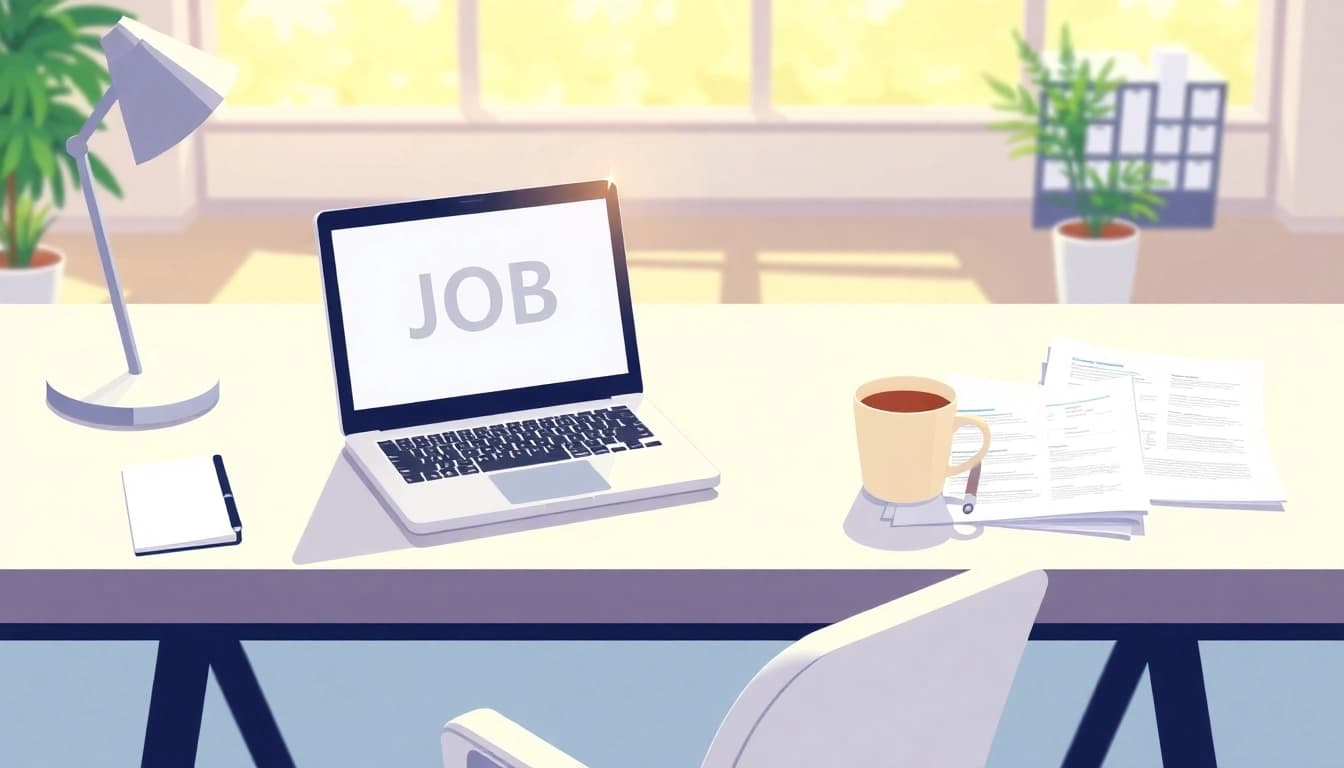 Searching for Stellenangebote with a laptop, coffee cup, and resumes on a bright office desk
