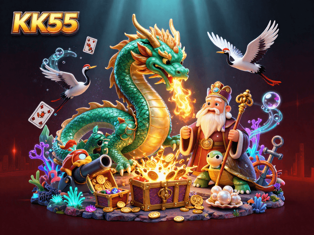 Engage with KK55's thrilling casino atmosphere featuring vibrant characters and dynamic gaming elements.