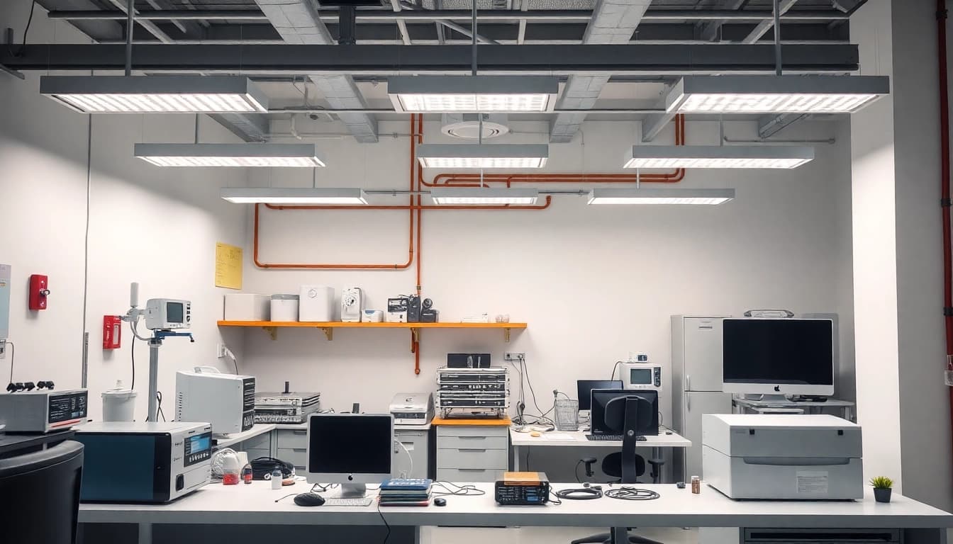 Prüfung ortsveränderlicher elektrischer Betriebsmittel in einem professionellen Umfeld mit qualifizierten Fachkräften.