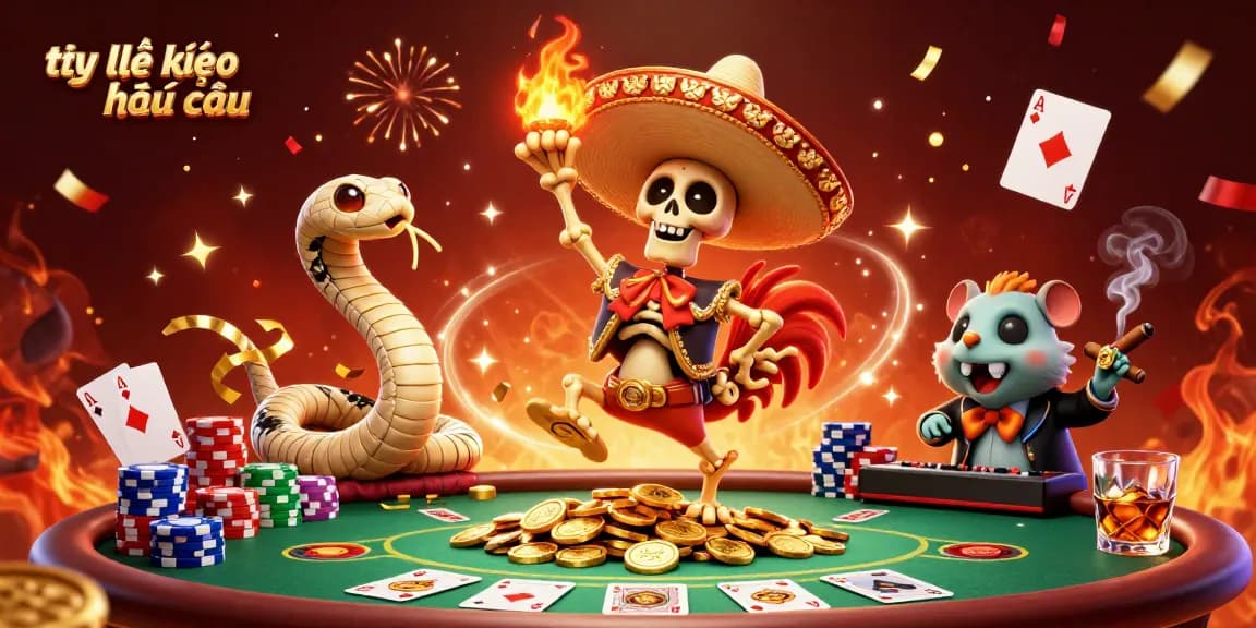 Experience the thrill of tỷ lệ kèo nhà cái with a festive 3D casino illustration featuring vibrant characters and rich gaming elements.