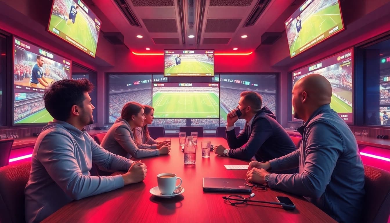 Teilnehmer setzen auf sportwetten während eines aufregenden Live-Events in einem modernen Wettbüro.