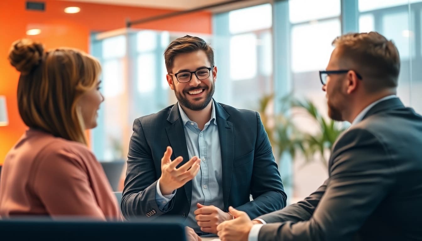 Beratung zur Bewerberberatung: Ein Bewerber beim Gespräch mit einem Berater in einem modernen Büro.